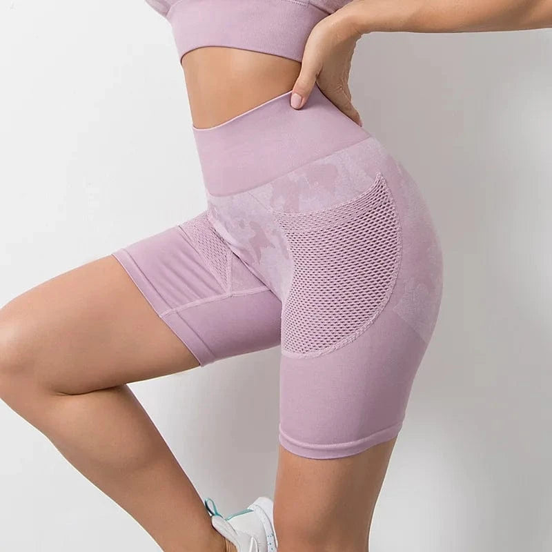 S / shorts pink 2024 4 Pieces Camouflage Breathable Mesh Gym Clothing Women Activewear Sports Fitness Seamless Yoga Sets