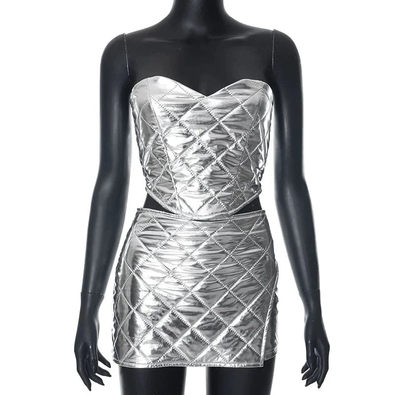 S / silver Bomblook C23ST100 2024 Metal Corset Two Piece Set Women Clothing Sexy Skirt Shorts Set Fall Winter Women's set