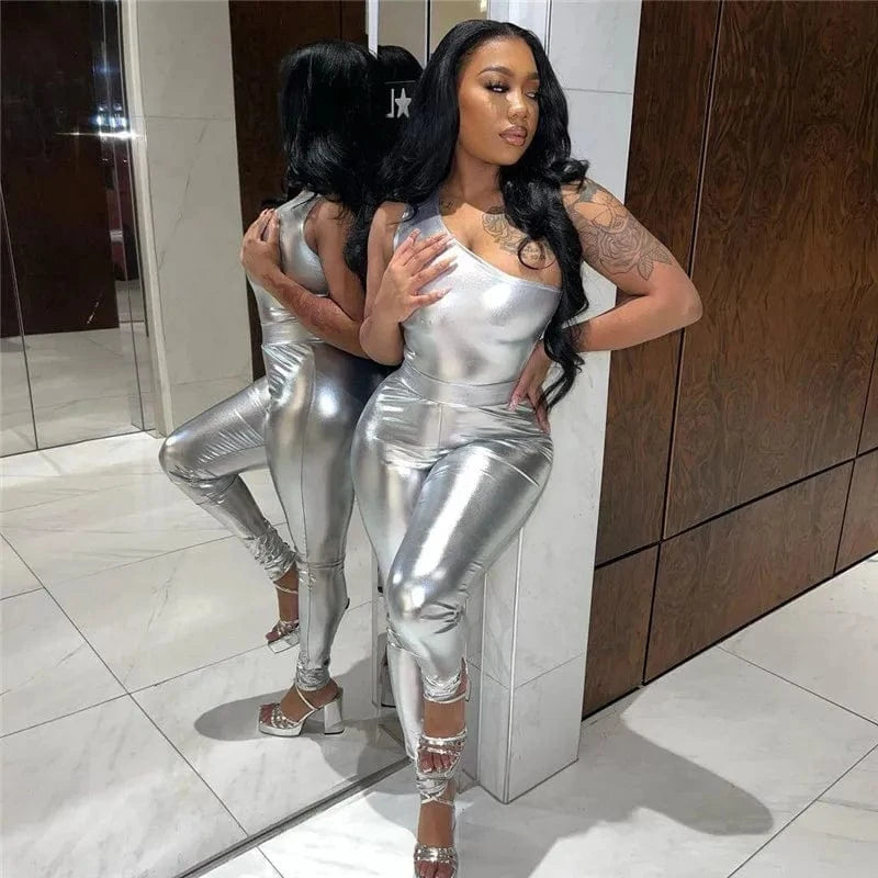 S / silver Elegant One Piece Jumpsuit for Women Gilding One Shoulder Skinny Jumpsuit Romper Party Night Club Outfit Two Piece Pants Set