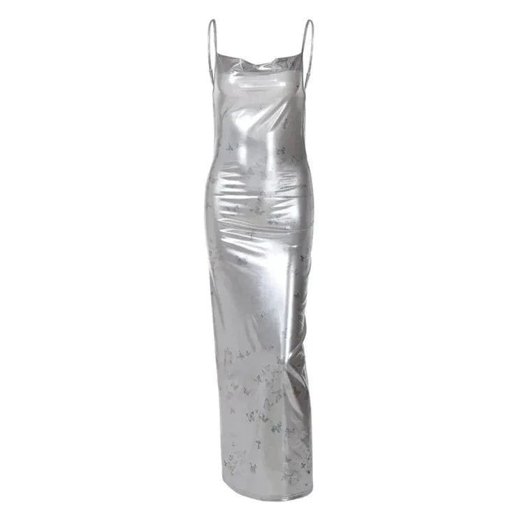 S / silver Pu Leather Butterfly Print Slips Backless Sexy Bodycon Maxi Prom Dress 2024 Spring Women