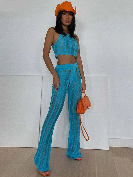 S / Sky Blue Cotton Top Set Ripped Women Knitted 2 Piece Summer Women Set Hollow out Solid Clothing Two Piece Pants Set