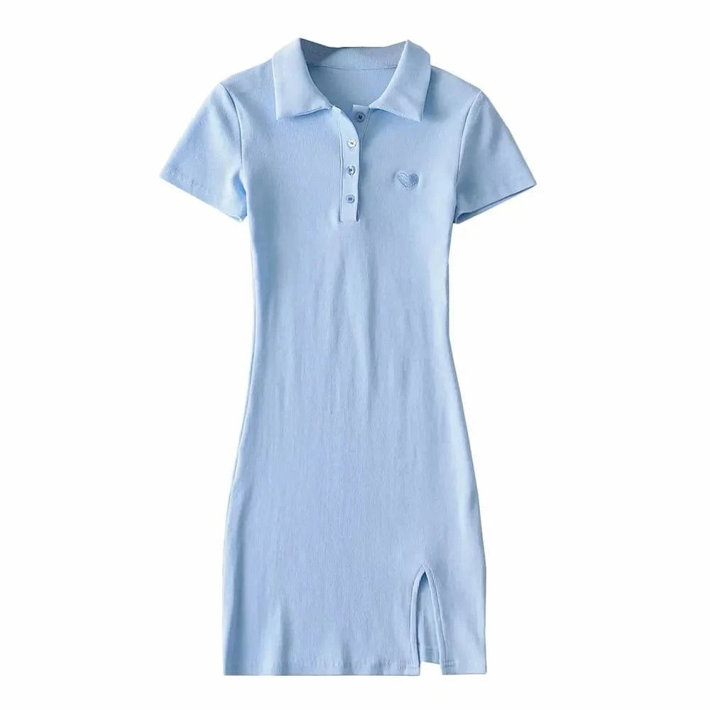 S / Sky Blue Latest Designs Summer Solid  Print Stand Collar Button Bodycon High Slit  Casual Dresses Women