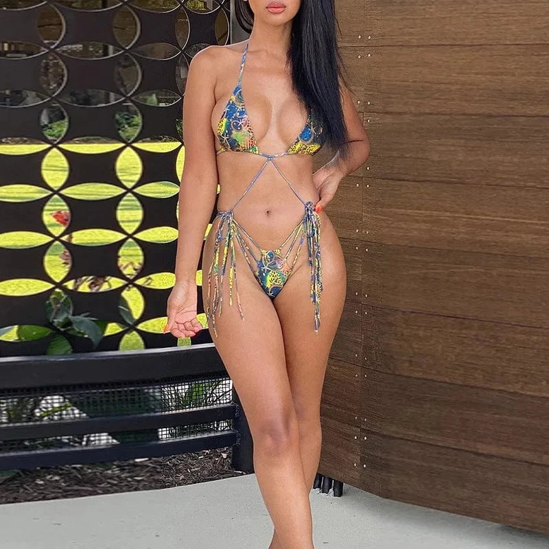 S / Starry sky DAMOCHIC Two Pieces String Swim Suit Print Thong Strappy Swimsuit Bottom Lace Up Halter Micro Swimwear Triangle Women Bikini 202