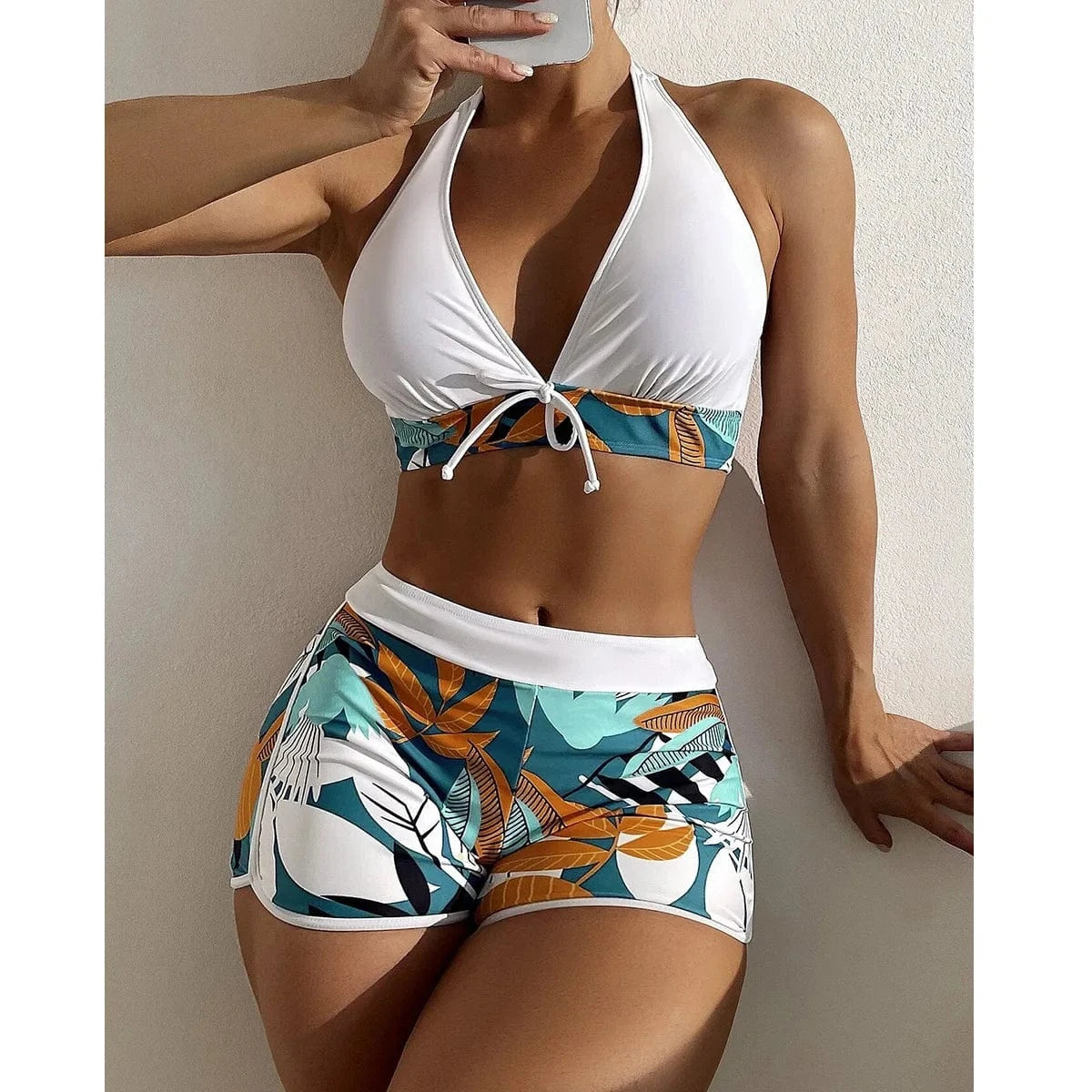S / Style 1 2024 Custom Two Piece Female Leaves Printed High Waist Bikini Set Women Halter Neck Padded Swimwear Push Bra Pads Swimsuit