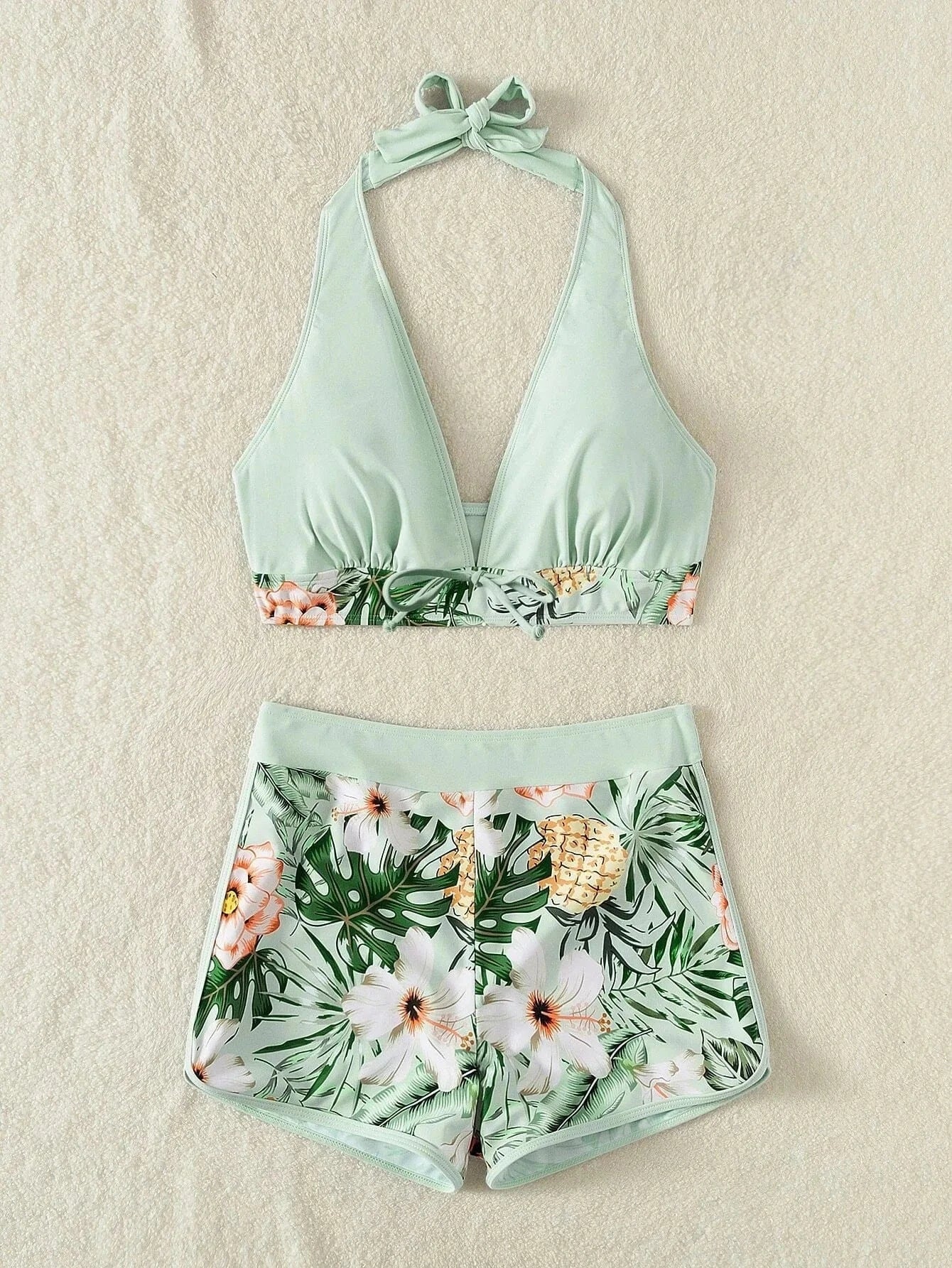 S / Style 6 2024 Custom Two Piece Female Leaves Printed High Waist Bikini Set Women Halter Neck Padded Swimwear Push Bra Pads Swimsuit