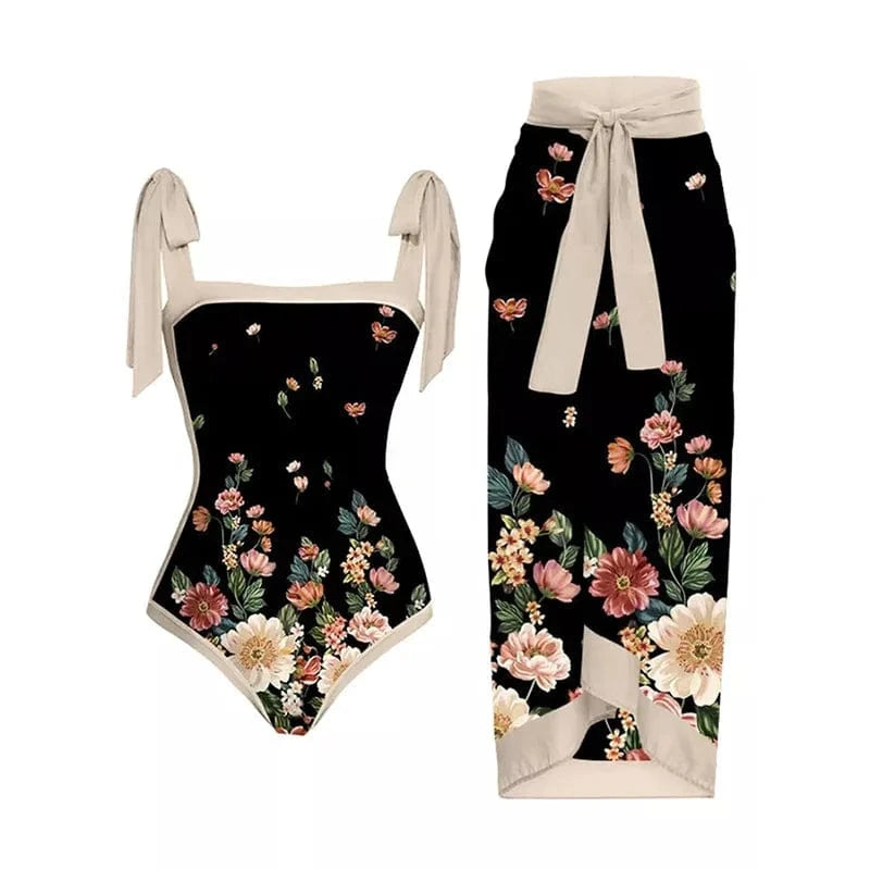 S / swimwear+sarong JSN 2024 New trajes de bano para mujeres vintage print swimwear women one piece swimsuit with sarong