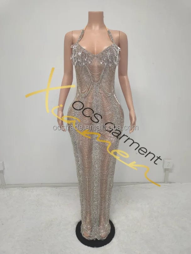 S / TH24080803 silver Ocstrade Vestido Luxury Rhinestone Halter Women'S Evening Dress 2025 High Quality Long Gown Evening Dress Silver Floor-Length