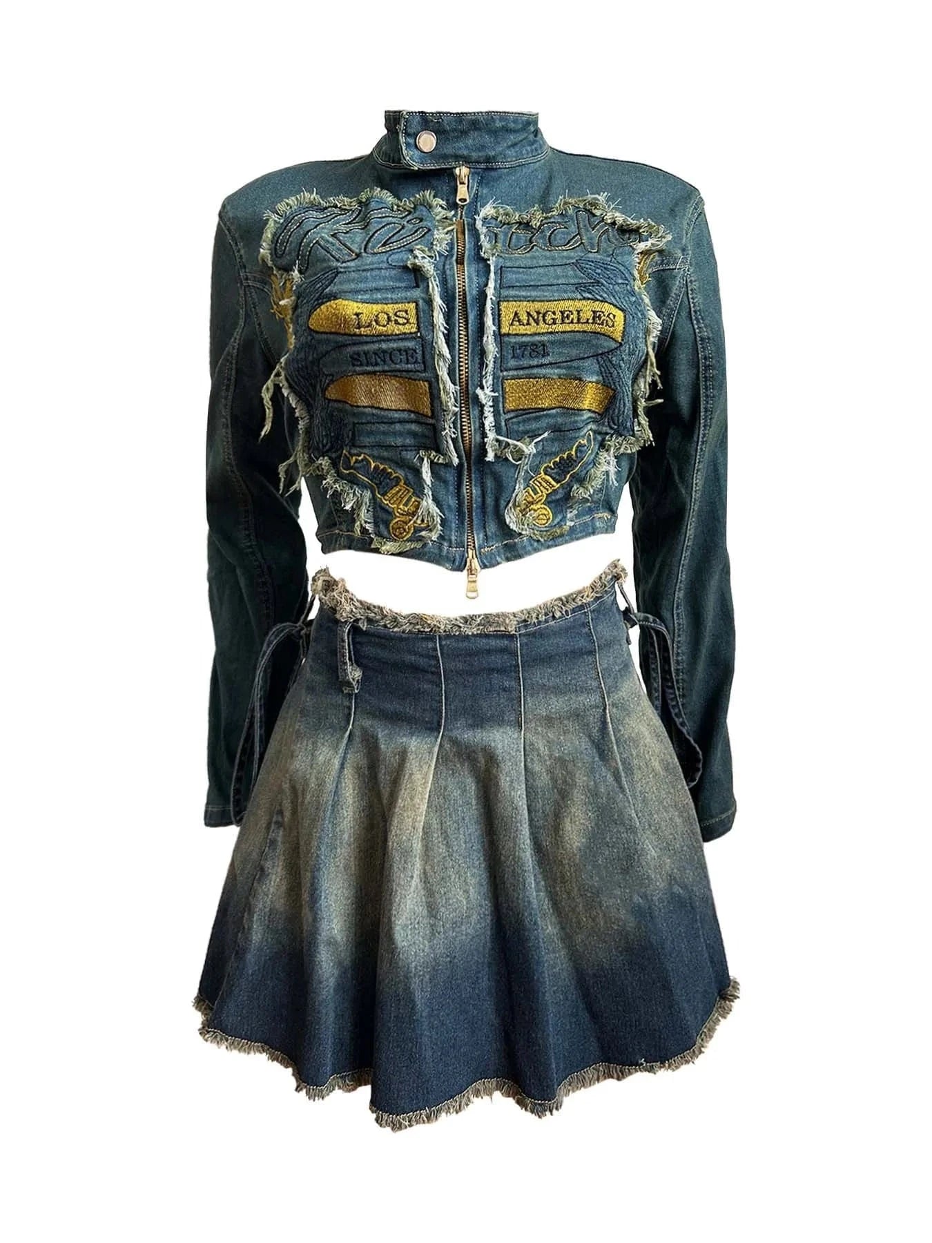 S / Top + Skirt Set Women's Embroidered Denim Jacket and Ruffle Denim Skirt Set Stretchy and Comfortable Streetwear Fashion for Women