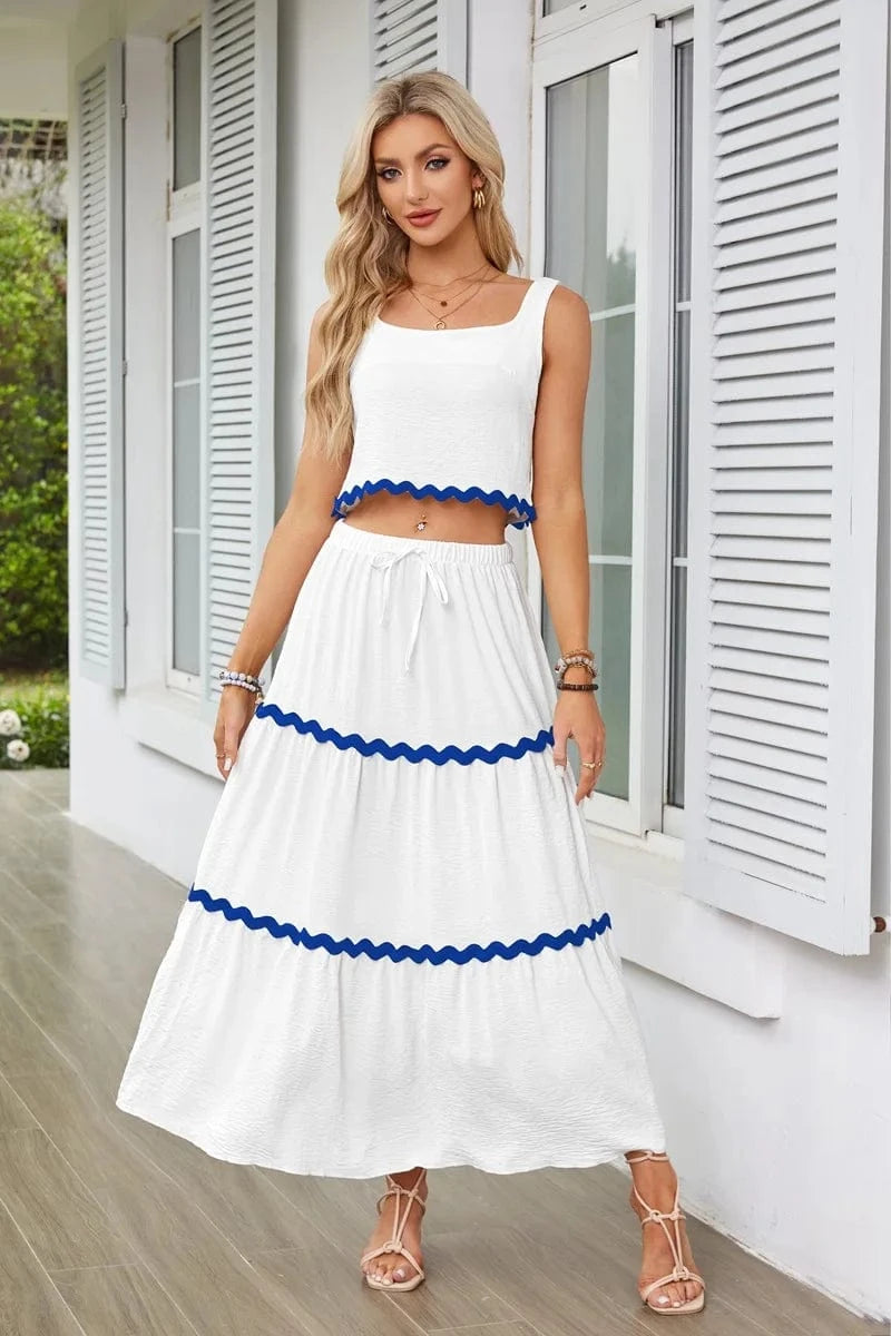 S / White-2 Casual 2-piece Skirt Set for Summer Women's Skirt Suit 2024 New SLeeveless MIni Vest+Lace-up A-line Skirts Set with Pockets