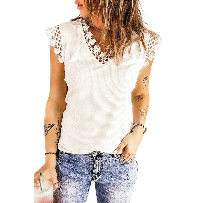 S / White 2023 New Wholesale Custom Women Tops Clothing Summer Vest Sexy V-Neck Solid Color Ribbed Lace Tank Top