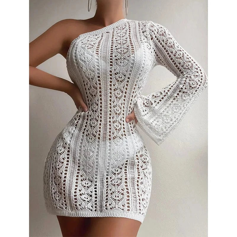 S / White 2024 Crochet Beach Cover Up Women Long Sleeve Dress Hollow Out Swimwear Outfits One Shoulder Off Beachwear Bathing Suit Women