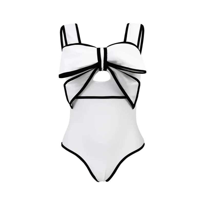 S / White 2024 Vintage Black and White Bow One Piece Swimsuit and Skirt Swimwear Women Bikini Set Beachwear Cover Ups