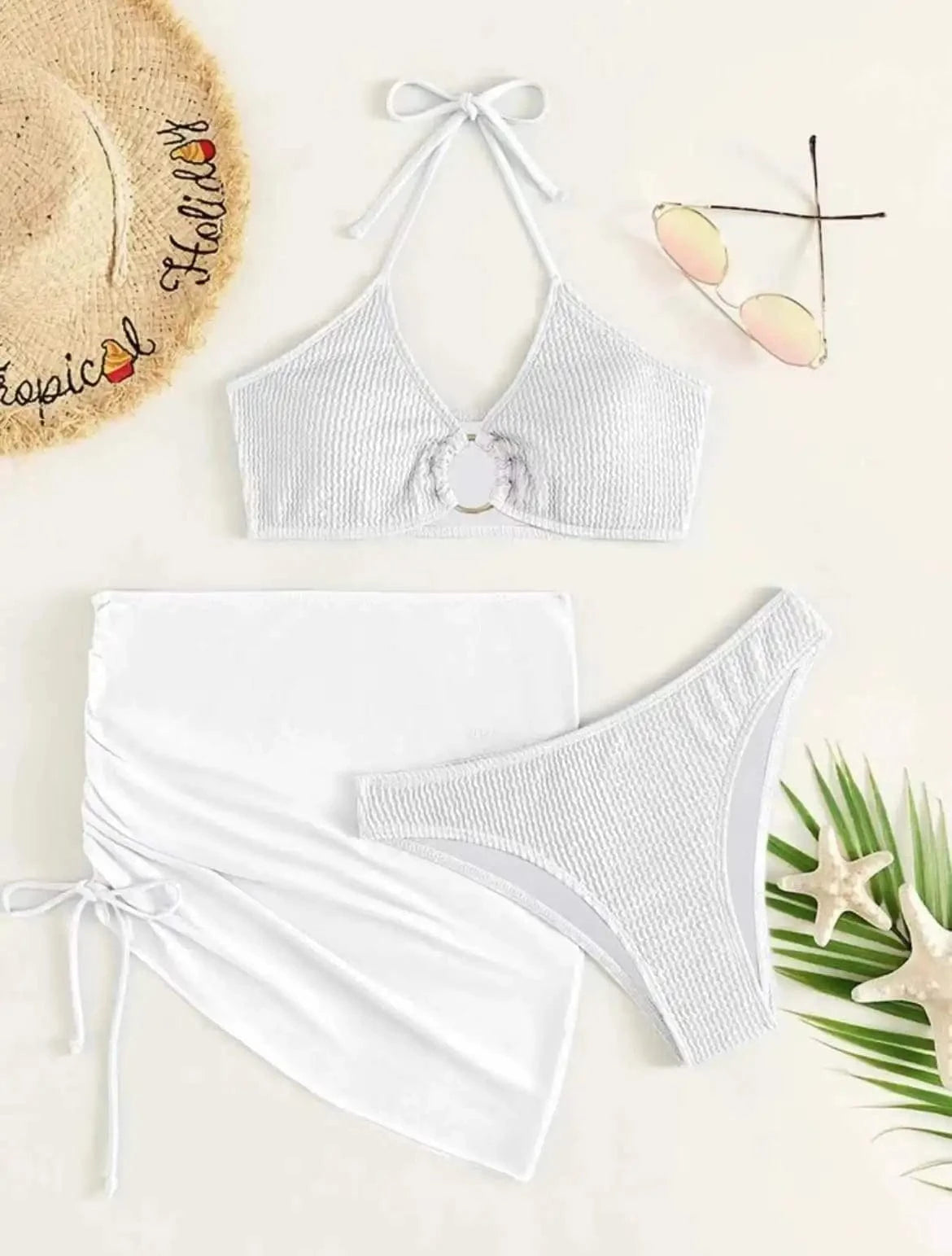 S / White 3 Pieces Mesh Skirt Swimsuit Women Halter Micro Ribbed Bikini 2024 High Waist Swimwear Sexy Solid Beachwear Bathing Suit Biquini