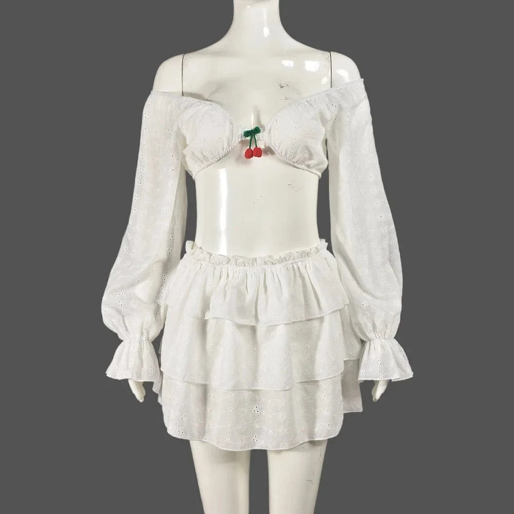S / White Bomblook Z816ST03 Outfits Women's Streetwear Casual 3D Cherry Decoration Longsleeve One Shoulder Top + Mini Skirt 2 Piece set