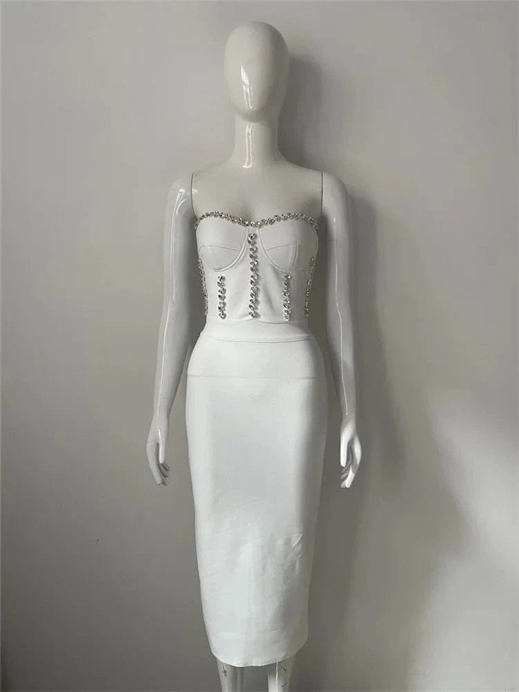 S / White BY2262 Hot Selling Off The Shoulder Diamonds Crystal Midi Sexy Bodycon Bandage Dress High Quality Dresses