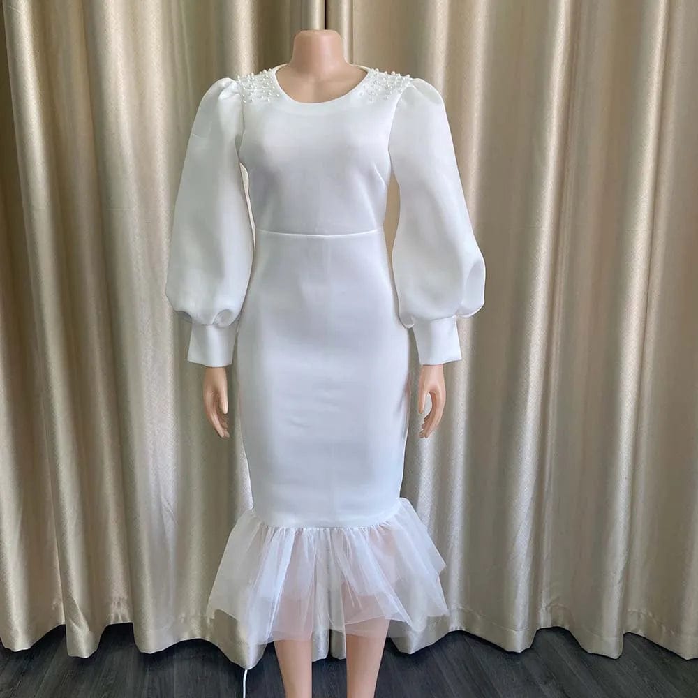S / White D3082 New Puff Sleeve Mesh Patchwork Fishtail Banquet Dinner Dress Nail Bead Dress Evening Dresses Wholesale Customization