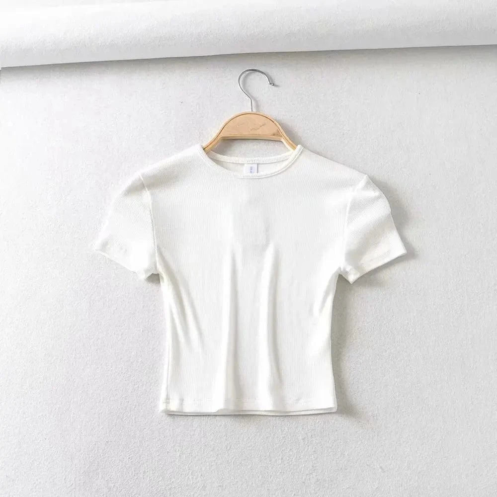 S / White DAMOCHIC High quality Solid Color T Shirts Summer Short Sleeve Basic Blouses Round Neck Short Sleeves Crop Tops T Shirts 2023