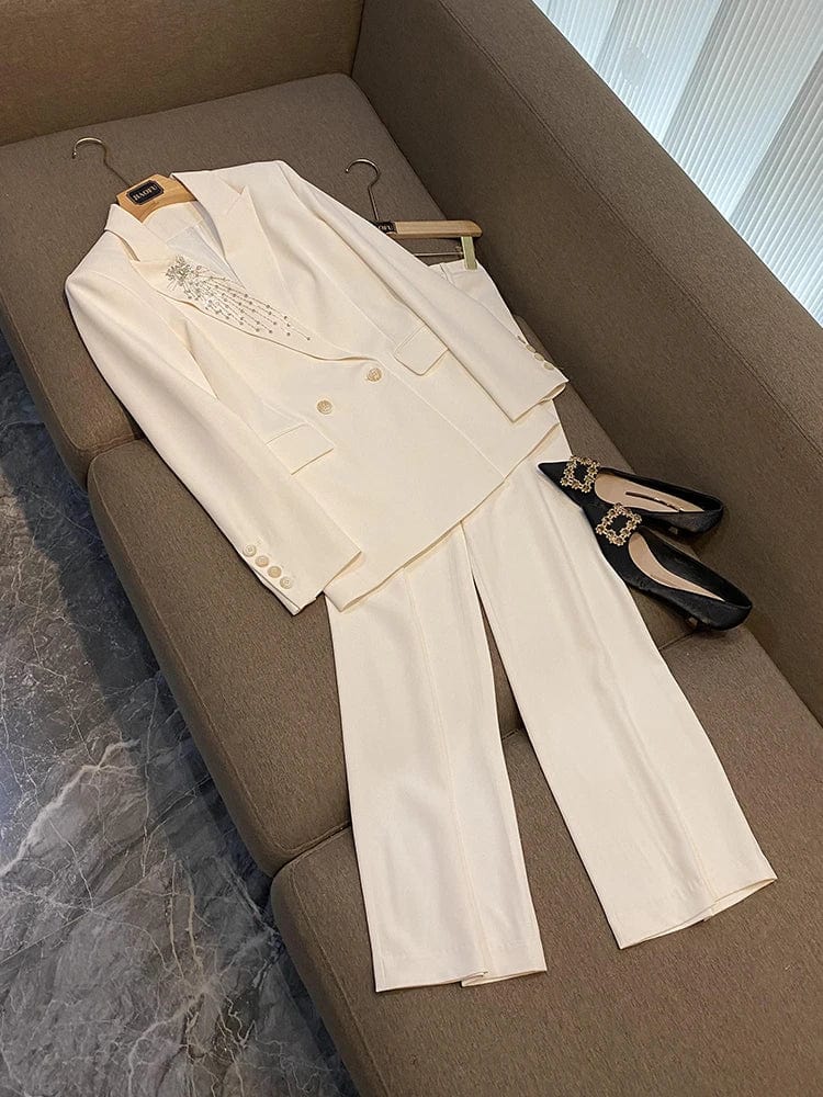 S / White Fine Workmanship Rhinestone Beading Lady Formal Suit Long Sleeve Two Buttons Notched Blazer Straight Cutting Pants Women 2Pcs