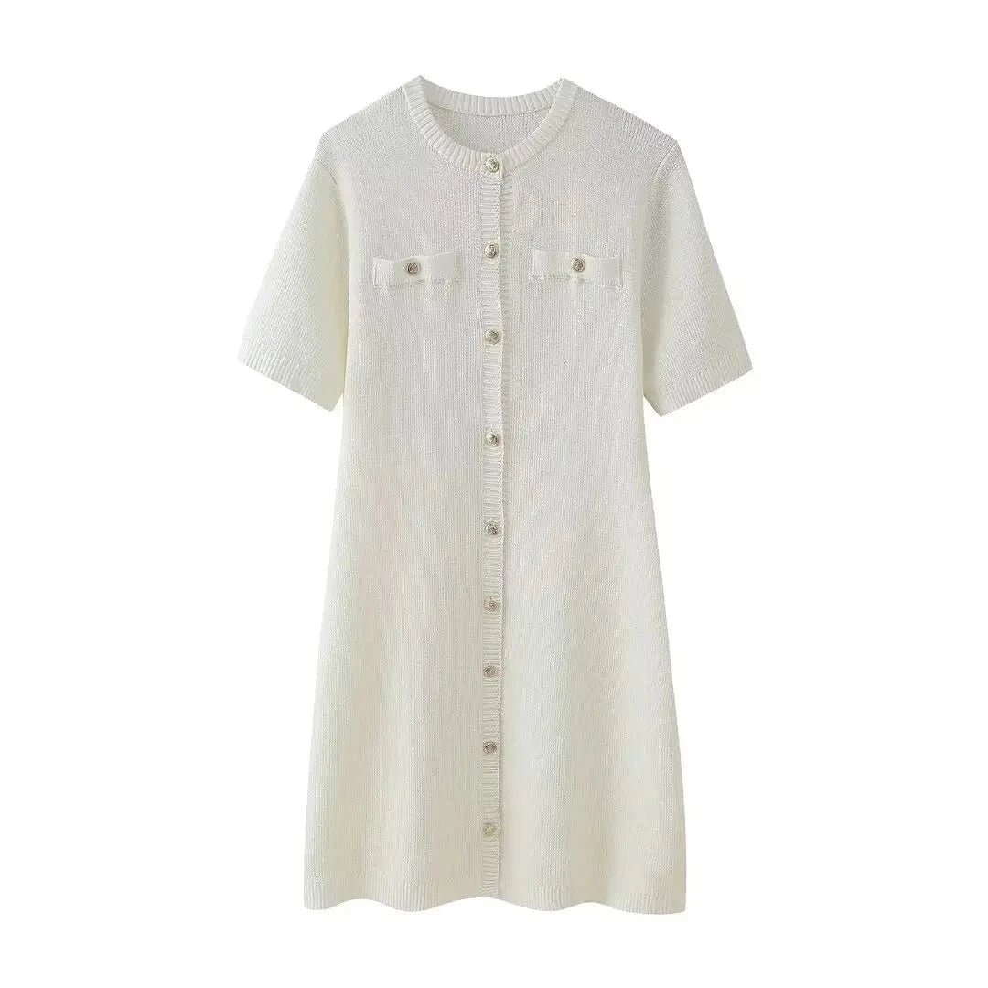 S / White GX5021 Summer 2024 Elegant Women Clothing Vendor Short Sleeve Knitted Dresses Fashion Sexy O-Neck Style Party Evening Mini Dress