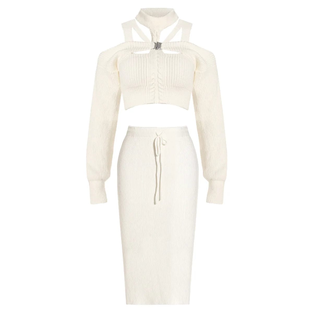 S / White-IN STOCK OUDINA Fashionable Women's Winter High Waist Zipper Skirts Sets Knitted Halter Neck Skirt And Top Set For Women