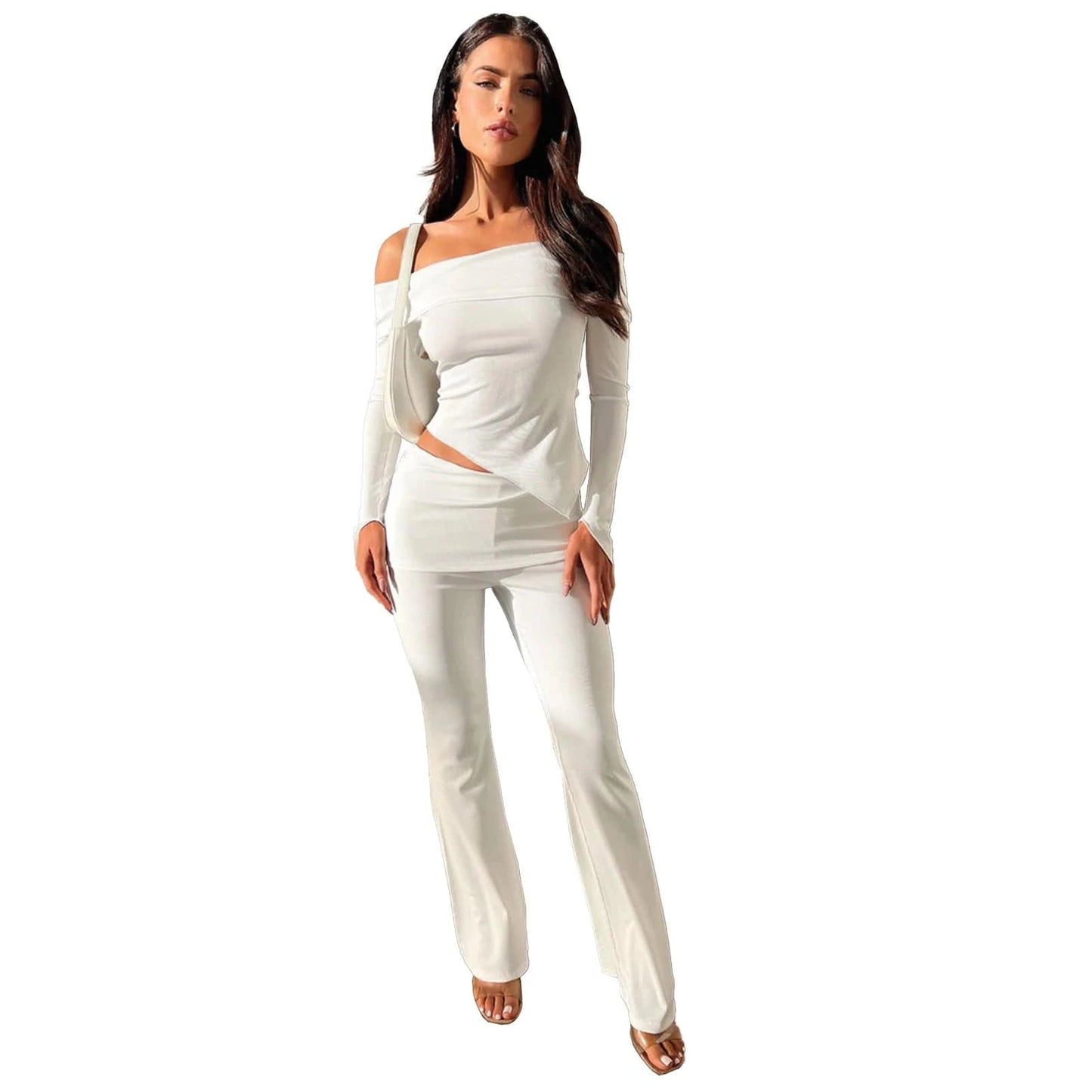 S / White Irregular One Shoulder Flap Over Flared Pants Women 2 Piece Set Spring For 2024 Lounge wear women sets custom logo