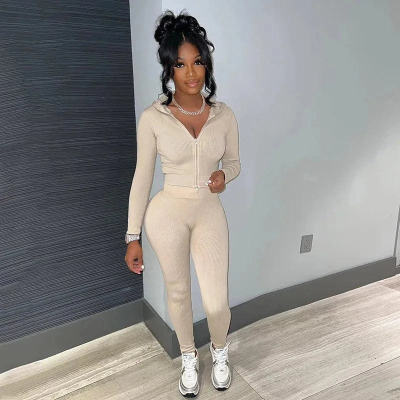 S / White J&H Spring 2024 Clothing Casual Women Zipper Two Piece Outfits Hooded Sweat Suit Jogger Tracksuit Set