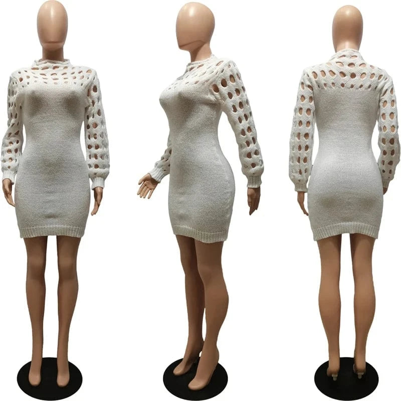 S / White ladies women spring 2024 sexy red knit jersey long sleeve hollow out bodycon night club dress spring 2023 clothing for women