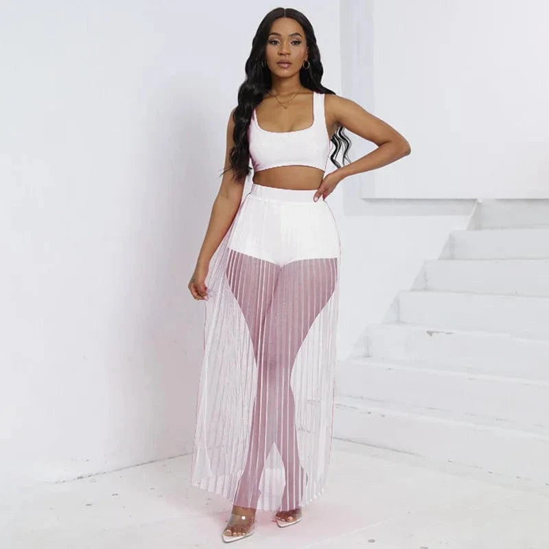 S / White Liu Ming March Expo 2024 Women Summer Beach Sheer Mesh Tank Tops And Shorts Sexy Skirts 3 Piece Set