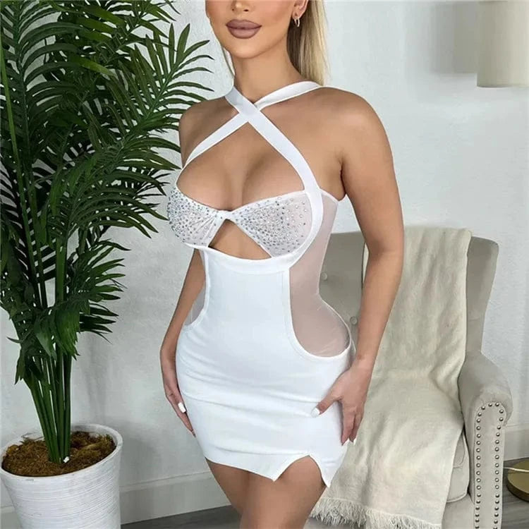 S / White Mesh Crystal Mini Dress Corss Halter Neck Rhinestone Party Dress Outfits