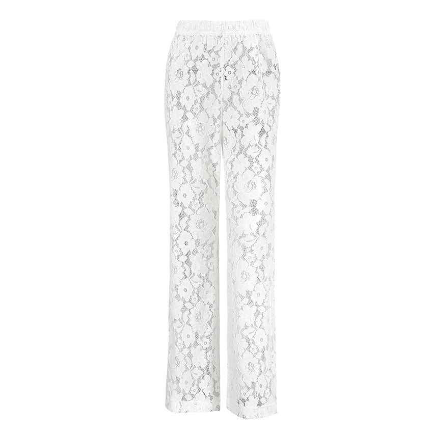 S / White OOTN White Printed High Waist Straight Legg Women Patchwork HOIIOW Out Fashion See-Through Lace Womens Pants Summer Clothes