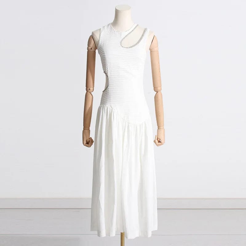 S / White OUDINA 2024 New Spring French Round Neck Hollow Waist Long Pleated Dresses Elegant Women Casual Dress