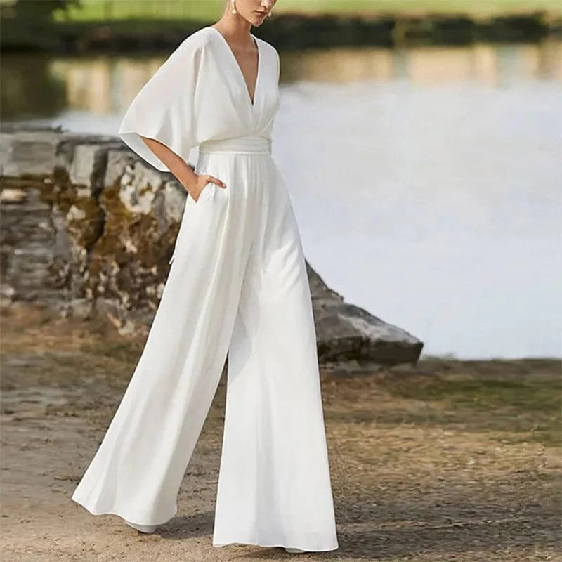 S / White Plus Size Elegant Office Jumpsuits Women Long Rompers 2024 Summer Casual Solid Color Ruffled Off Shoulder Overalls Streetwear