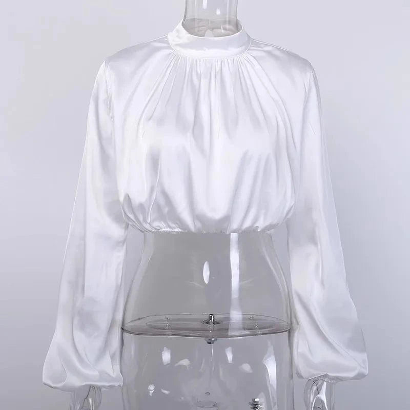 S / White RedPeony Office Lady Top Blusas Women Long Sleeve Spring Autumn Turtleneck Women Crop Blouse Sexy Puff Sleeves Satin Blouse Shir