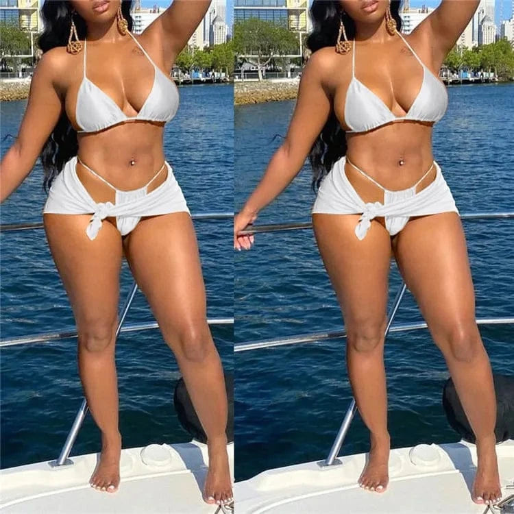 S / White Sexy Soild Bikini Set Micro Thong Women Skirt Cover Up 3 Piece Swimsuit 2024 Lace Up Bathing Suit Halter String Swimwear