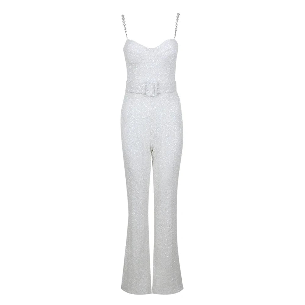 S / White Summer Sexy Elegant White Bodysuit Sequin Rompers Women's Jumpsuits With Belts