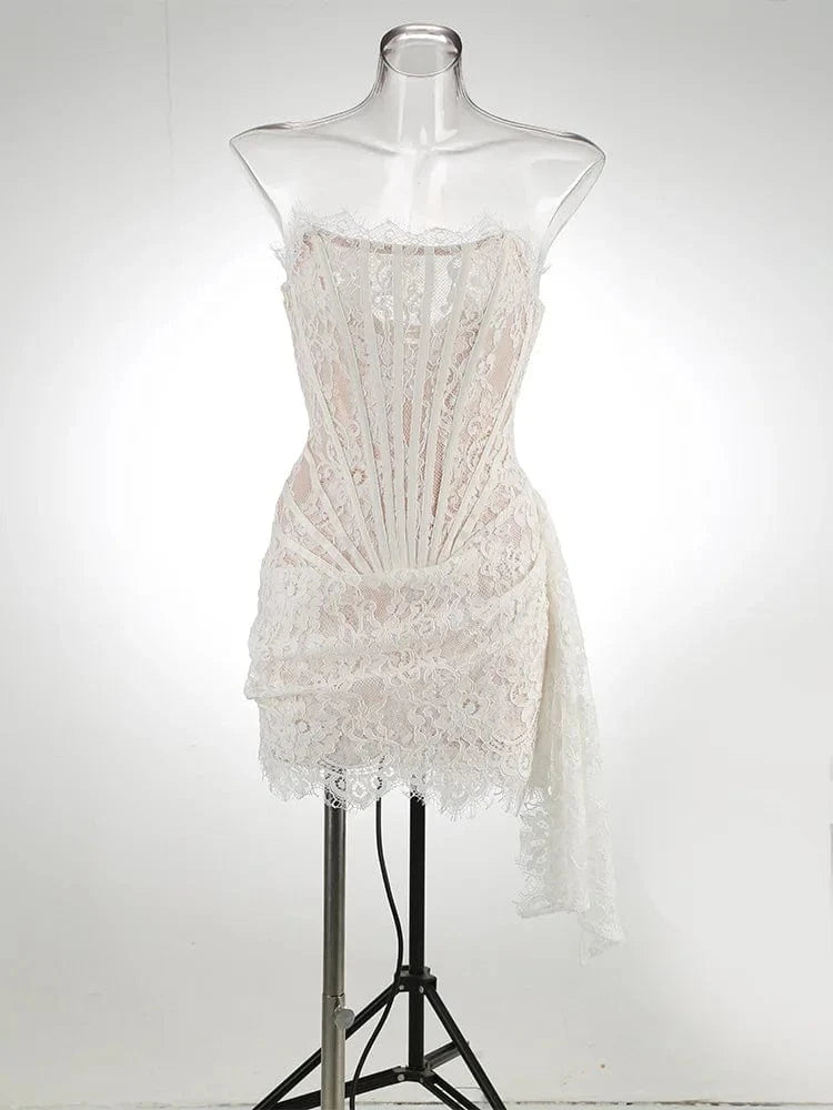 S / White Valentines Day Gift 2024 Elegant Women Strapless Lace Gowns Solid Pleated Birthday Outfits Evening Dress