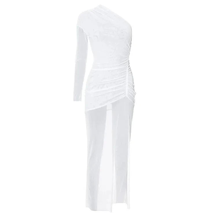 S / White Women Mesh Patchwork One Shoulder Long Sleeve Bodycon Maxi Long Dress 2024 Club Evening Sexy Party Dresses