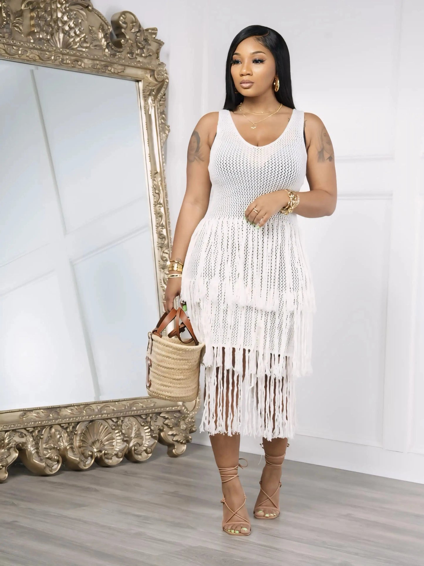 S / white Womens affordable clothing summer sun hollow out mesh cover up beach dress for women