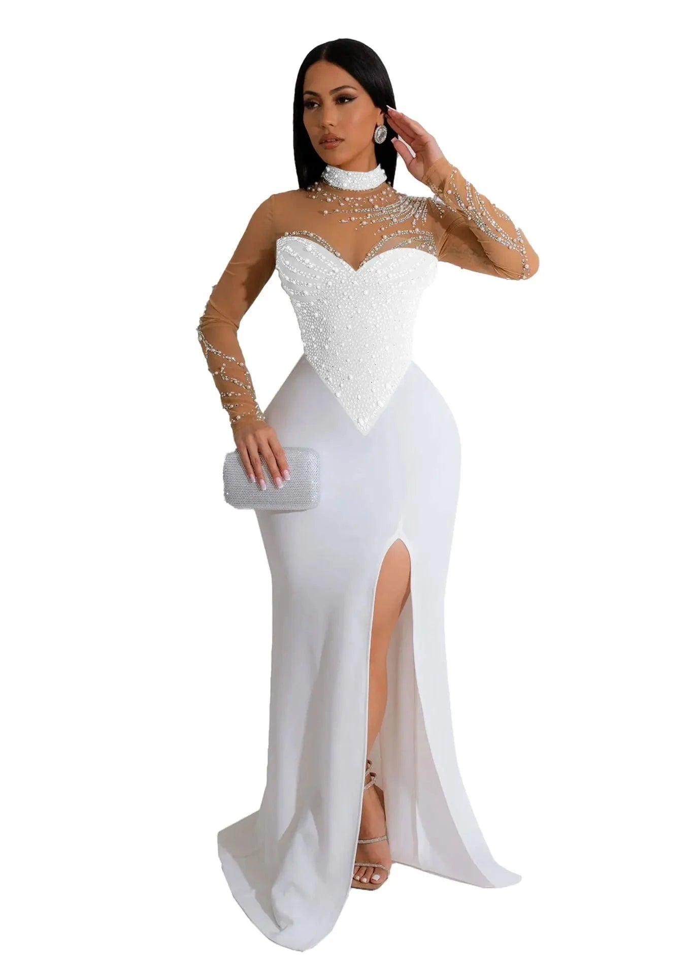 S / White Z176368 2024 mesh gown elegant ball gown pearl evening dress diamond Tight Waist Hip Elastic Split dress