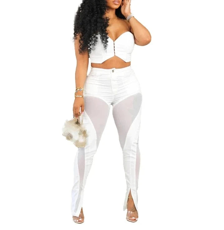 S / White ZHEZHE 2024 Spring summer Women Sexy Tube Crop Top And Flare Slit Hem Mesh Patchwork Pants Casual 2 Piece Outfit