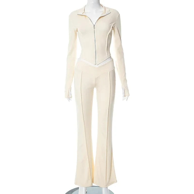 S / White ZHEZHE Autumn 2024 New Long Sleeve Zipper Crop Top And Flared Long Pant 2 Piece Set Solid Bodycon Casual Women's Set