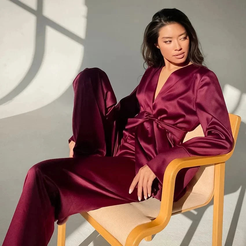 S / Wine red Ice Silk Printed Fashion Pyjamas 2024 Spring New Long Sleeved Women Home Suit Loose Kimono Robe Sets Satin Pajamas With Pants