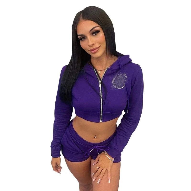 S / X22ST423 Purple Bomblook X22ST423 2024 Rhinestone Hoodies Outfits Women Two Piece Pants Set Long Sleeve Shorts Set