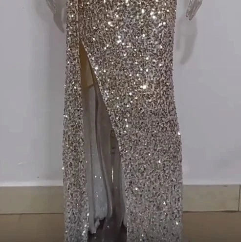 S-XL Spring New High Waist Women's Wear New V-neck sequin dress Slim fit slit floor mopping dress
