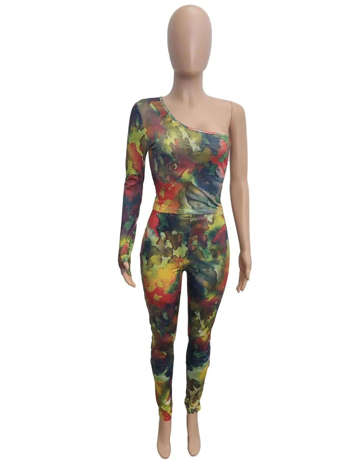 S / Yellow 2024 Hot Sale Tie-Dye Printed Top Suit Half-Shoulder Long Sleeve Perspective Irregular Fashion Hip Lifting Two Piece Pants Set