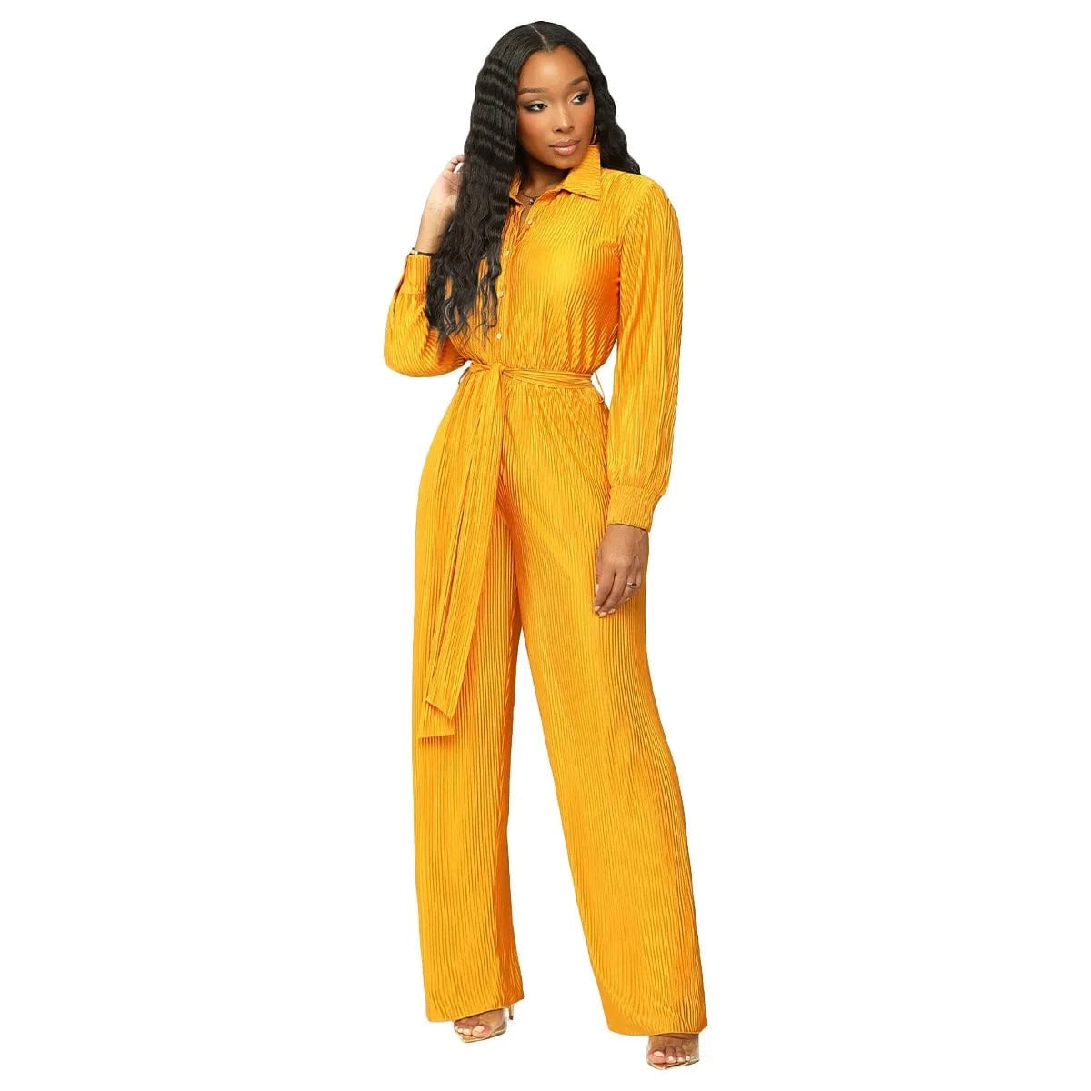 S / Yellow 2024 New Arrivals Hot Sale Pleat Fabric Women Wide Leg Jumpsuits Long Sleeve Plain Fall Outfit Elegance Slim Fit