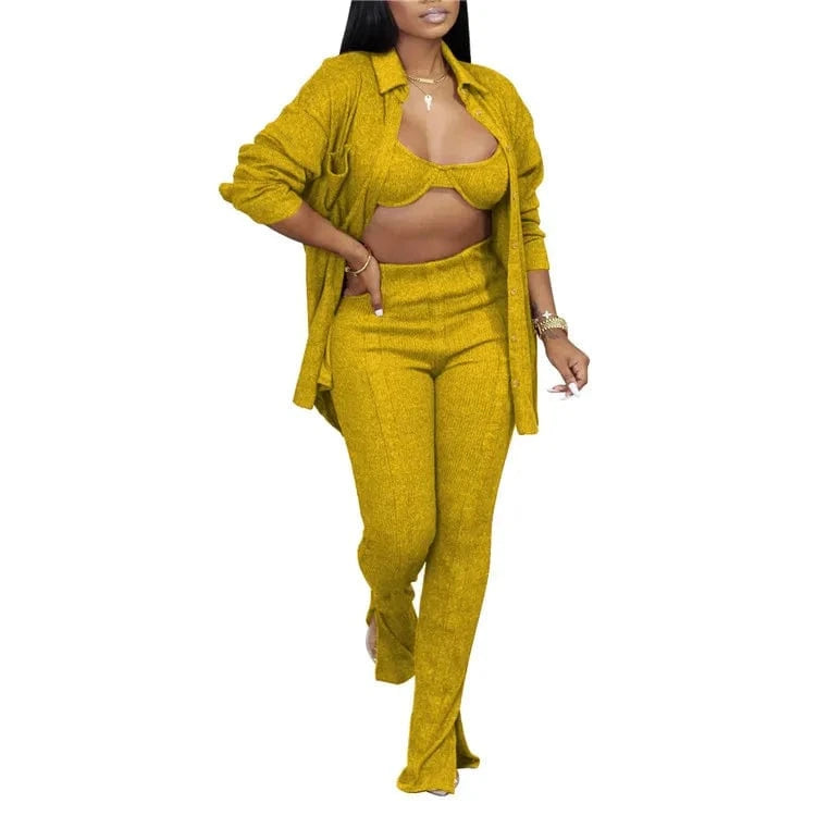 S / Yellow 2024 New Fashion 3 Piece Outfits Matching Sets Women Knit Cardigan Cropped Bra Tops Flare Spilt Pants