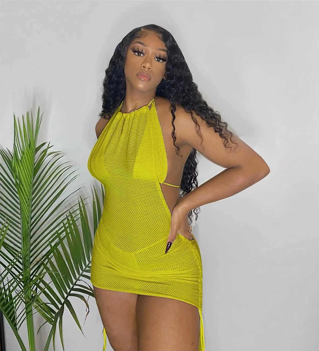 S / Yellow 2024 New Mesh Mini Bikini Set Hook Flower Hollow Sexy Skinny Solid Color Beach Vacation Bandage Backless Three Piece Swimsuit
