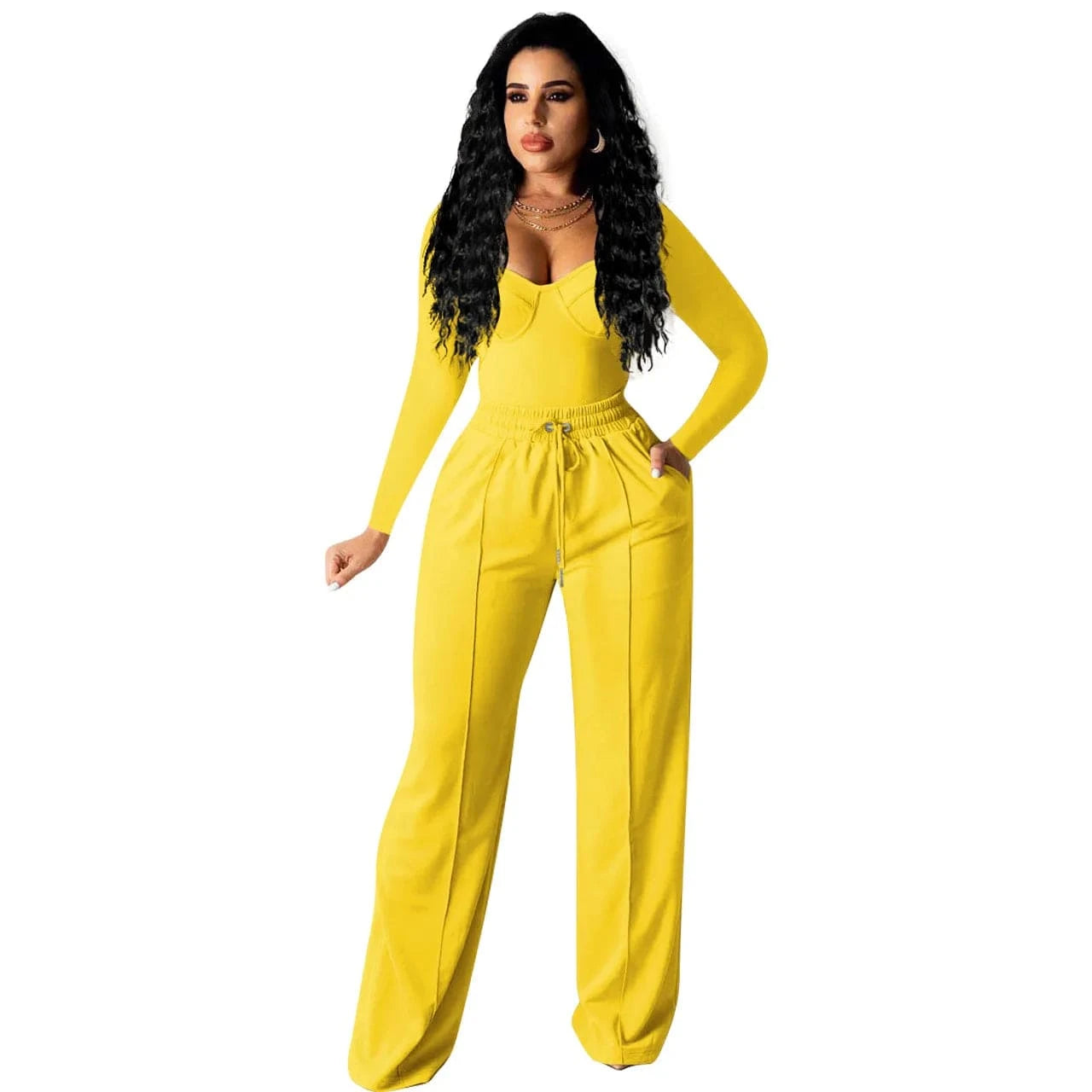 S / Yellow 2024 New Sexy Casual 2PC Set Women Workwear Sleeveless Crop Tops High Waist Wide Leg Pants Suit Office Lady Party Club Outfits