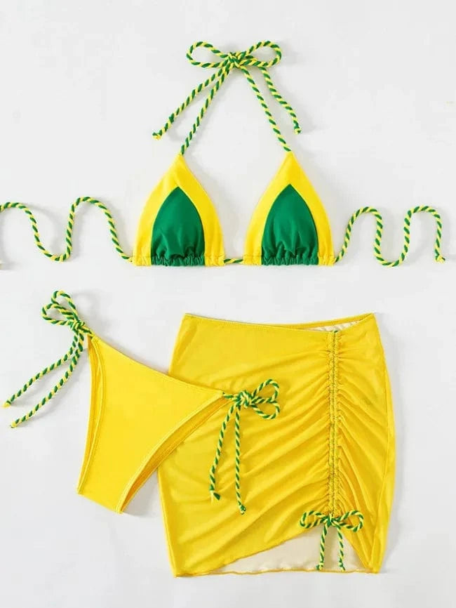 S / Yellow 2024 Sexy Bikini Bathing Suit Beachwear With Dress 3 Piece Women Swimsuit Set Suit Bathingsuits Swimwear